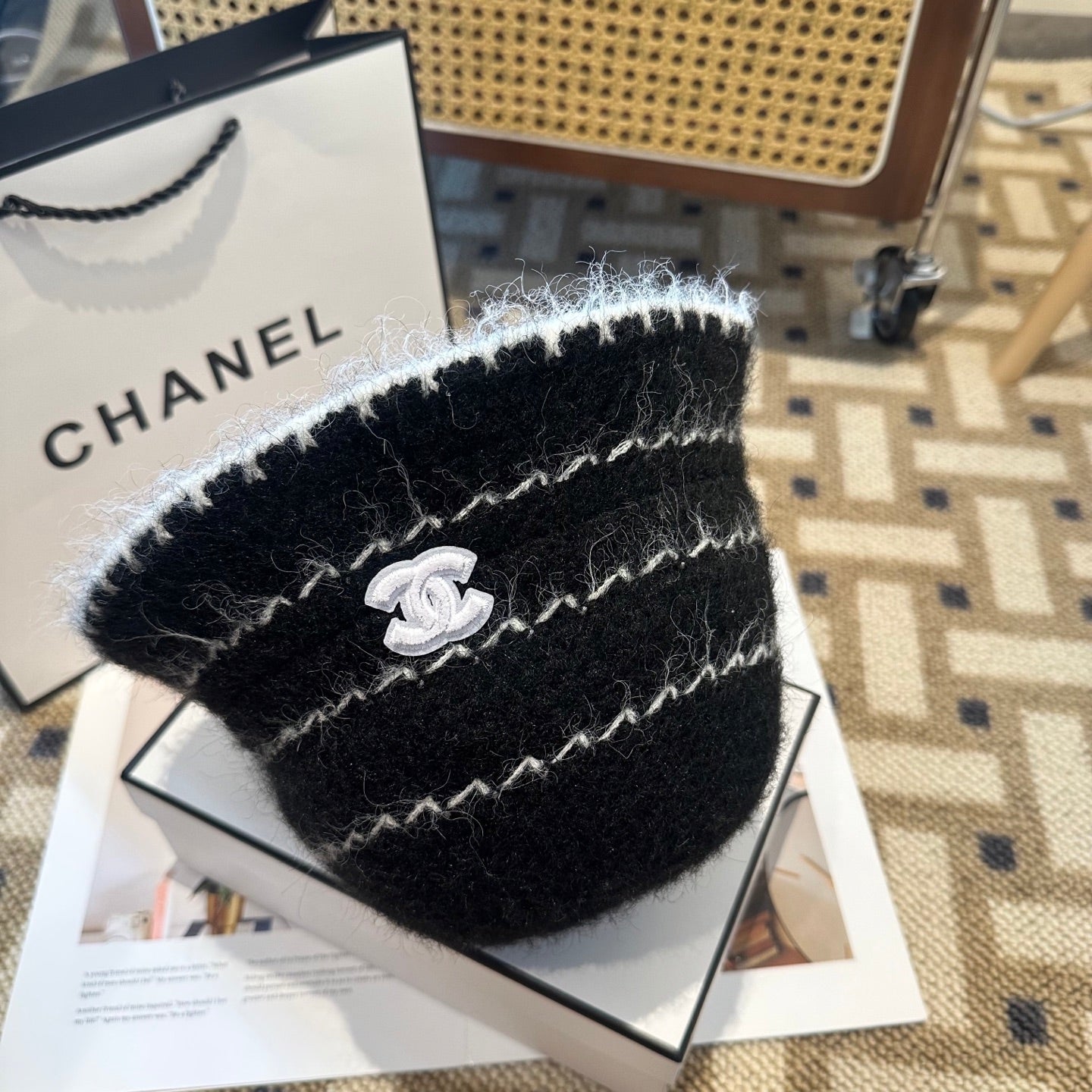 Chanel New Autumn/Winter Wool Blend Knit Bucket Black Hat 960028