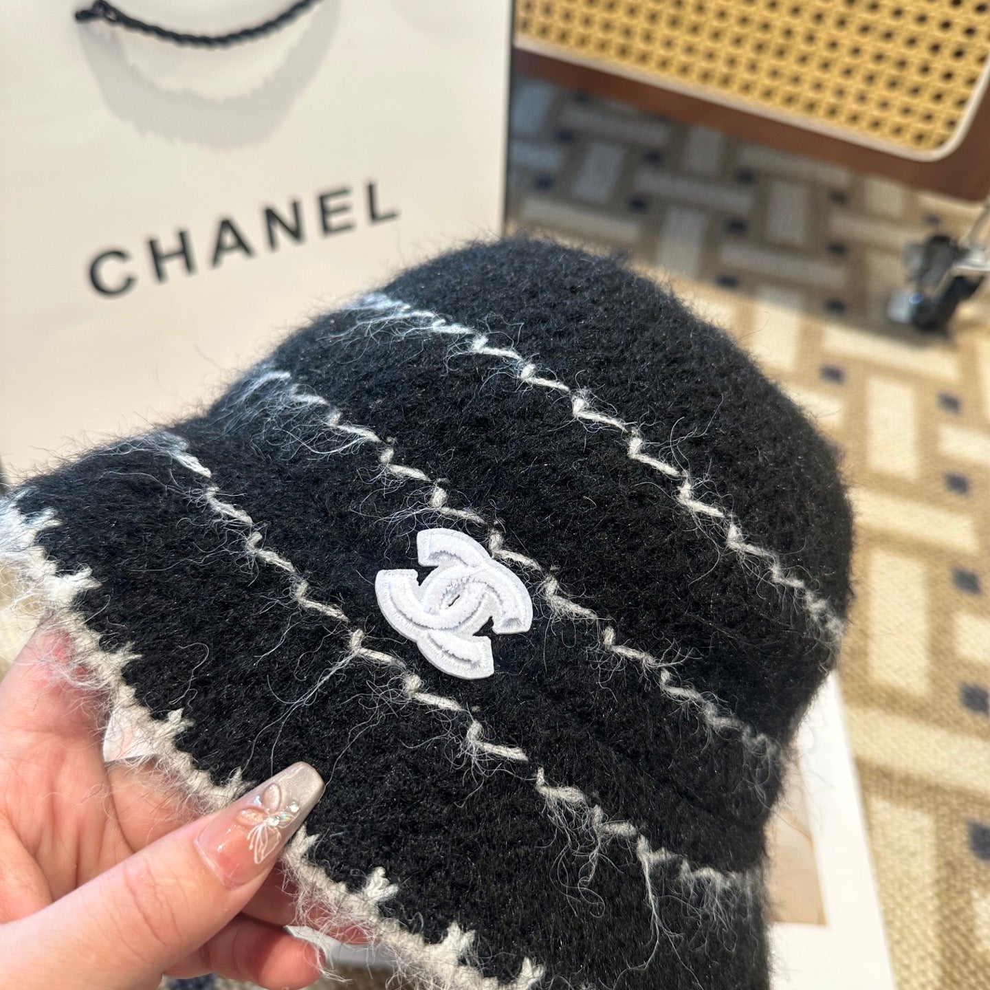 Chanel New Autumn/Winter Wool Blend Knit Bucket Black Hat 960028
