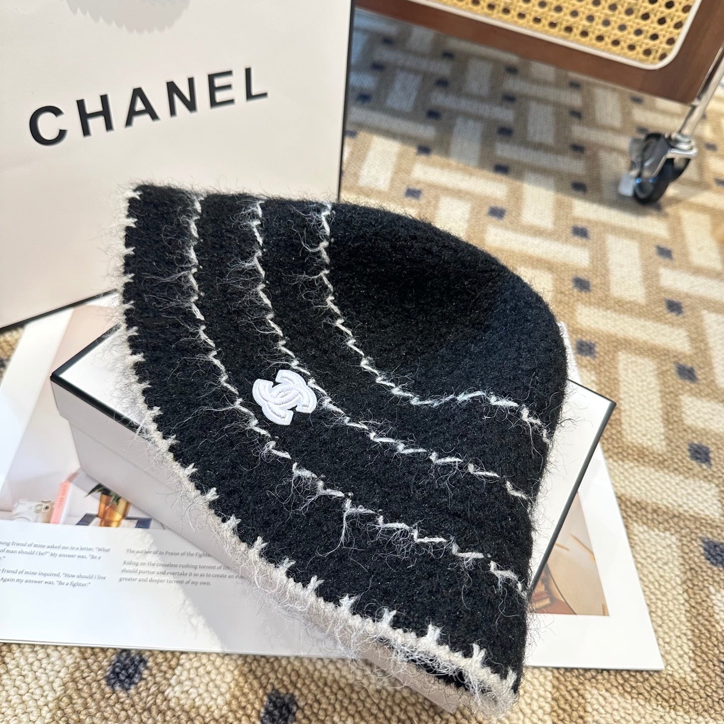 Chanel New Autumn/Winter Wool Blend Knit Bucket Black Hat 960028