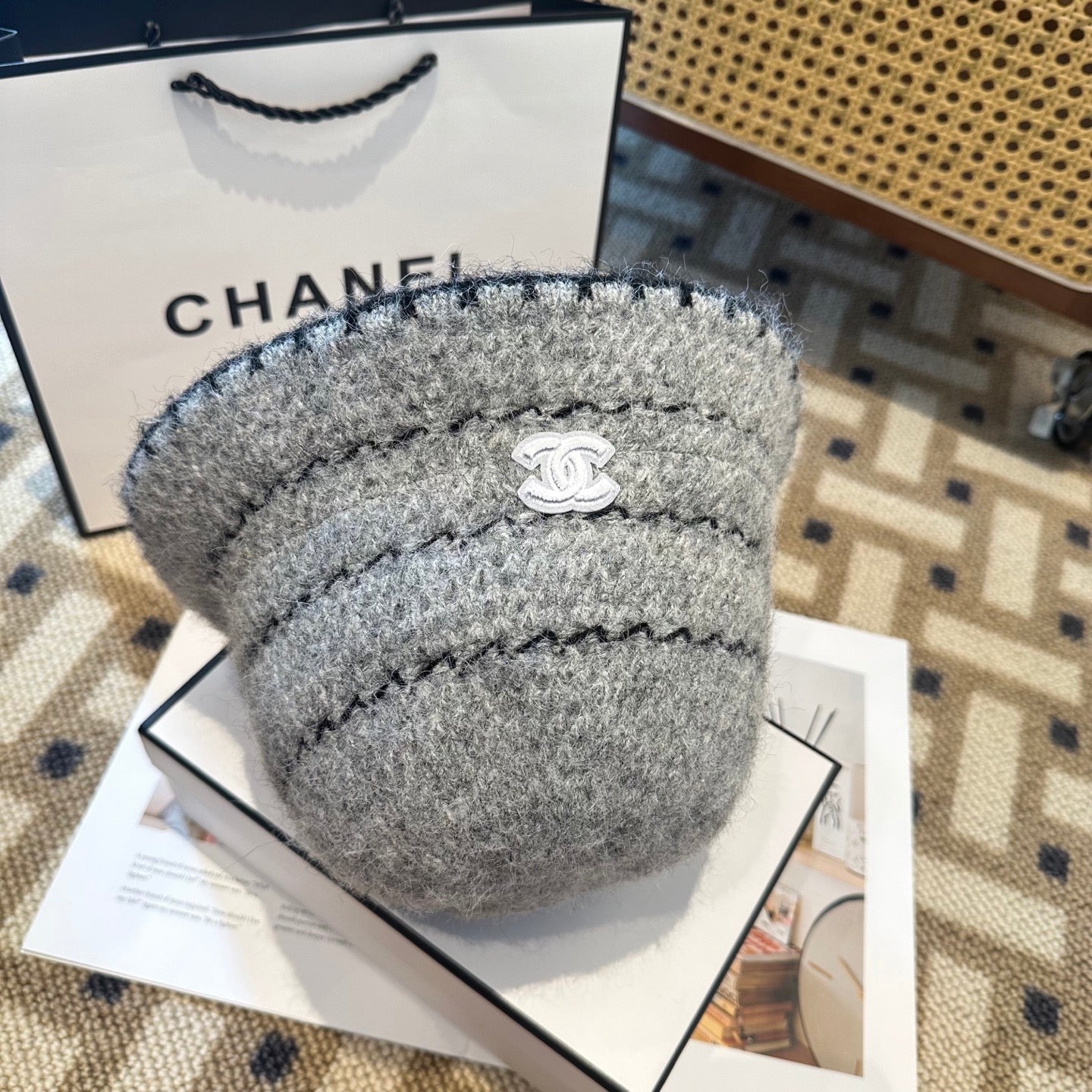 Chanel New Autumn/Winter Wool Blend Knit Bucket Grey Hat 960029