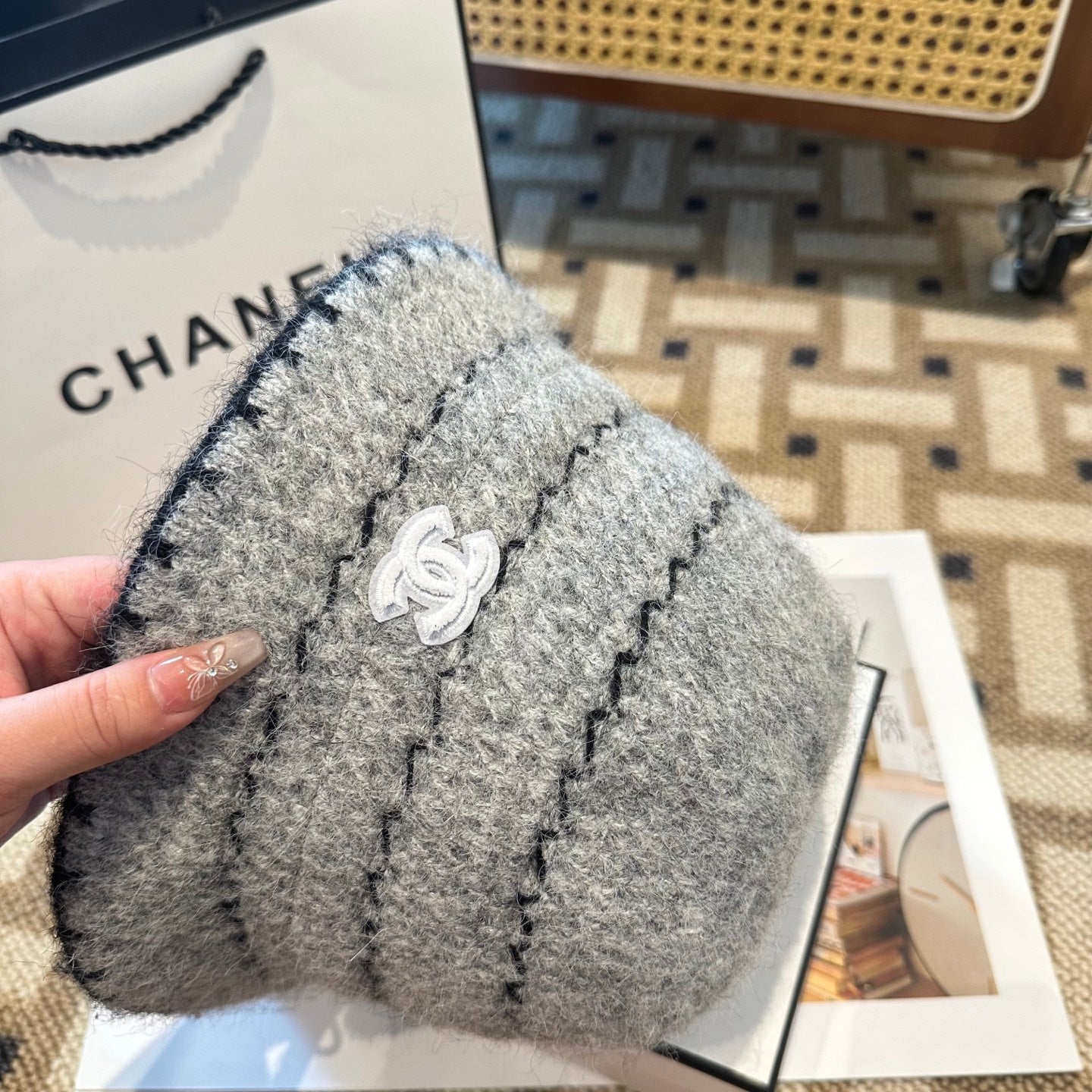 Chanel New Autumn/Winter Wool Blend Knit Bucket Grey Hat 960029