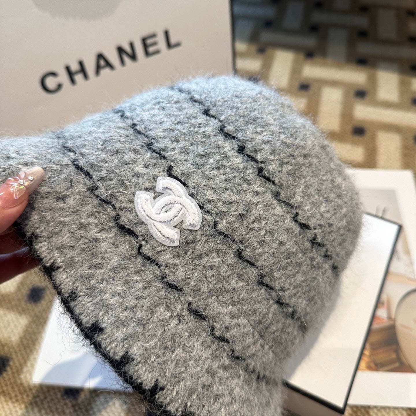 Chanel New Autumn/Winter Wool Blend Knit Bucket Grey Hat 960029