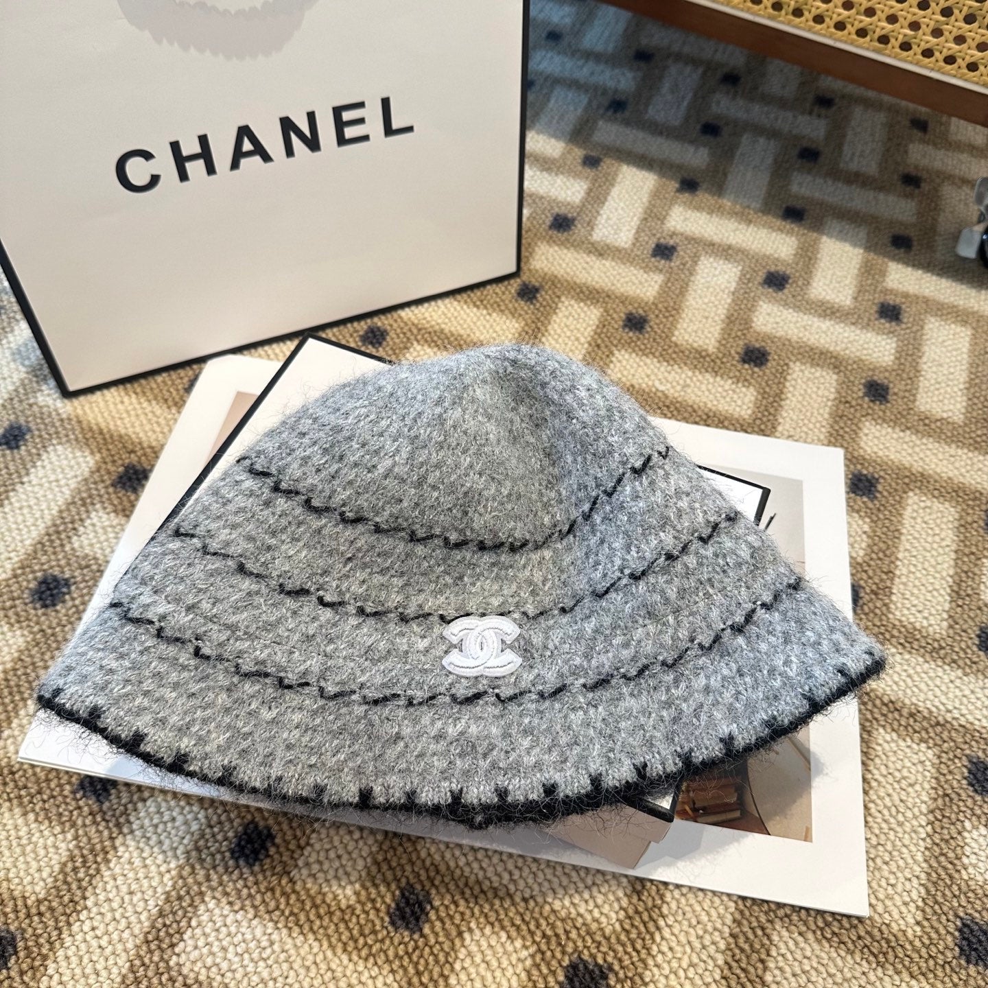Chanel New Autumn/Winter Wool Blend Knit Bucket Grey Hat 960029