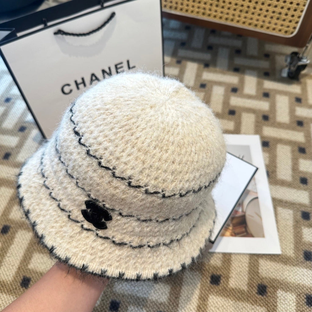 Chanel New Autumn/Winter Wool Blend Knit Bucket White Hat 960030