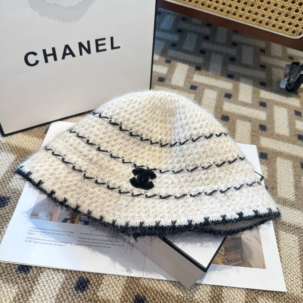 Chanel New Autumn/Winter Wool Blend Knit Bucket White Hat 960030
