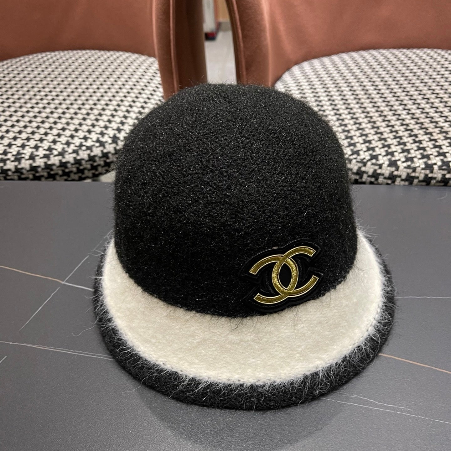 Chanel Women's Plush Bucket Black mix White Hat 980037
