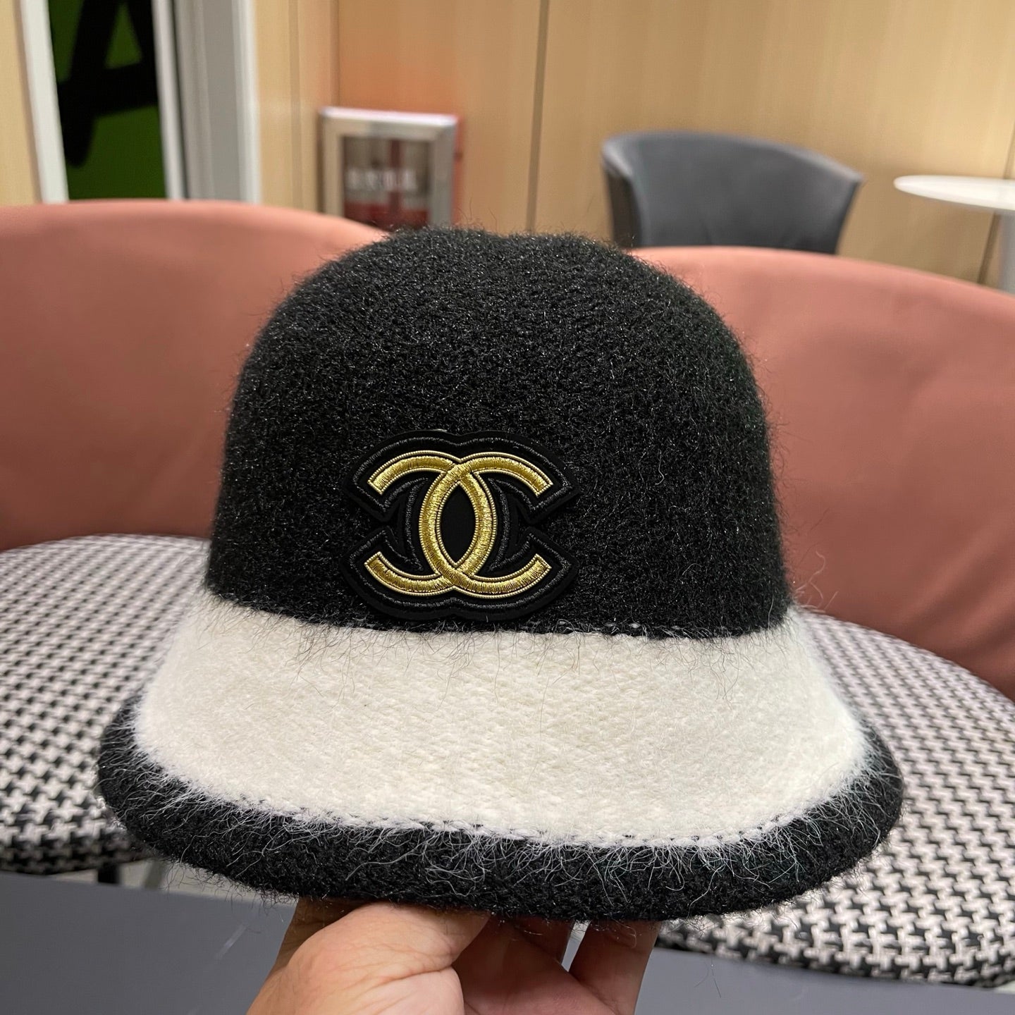 Chanel Women's Plush Bucket Black mix White Hat 980037