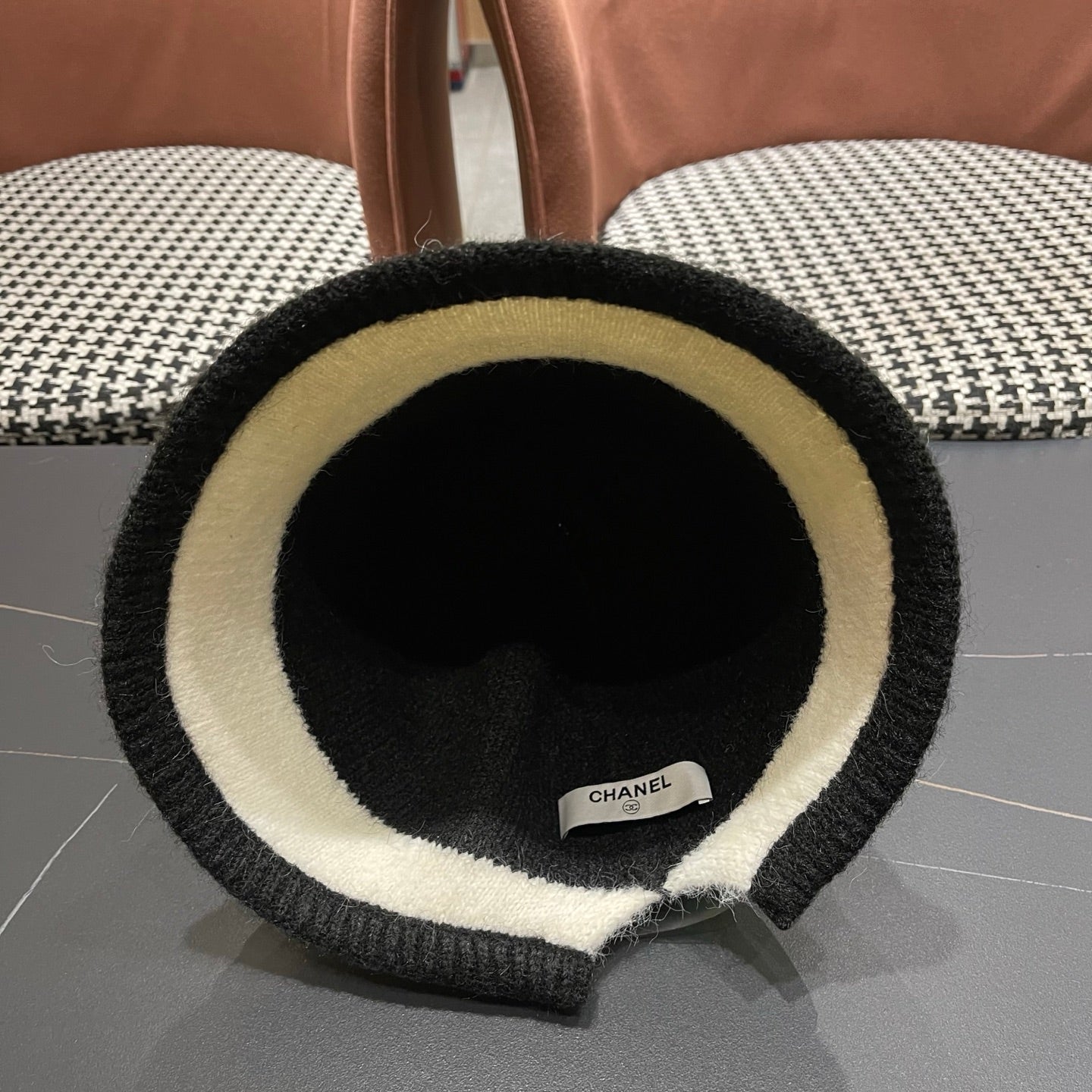 Chanel Women's Plush Bucket Black mix White Hat 980037