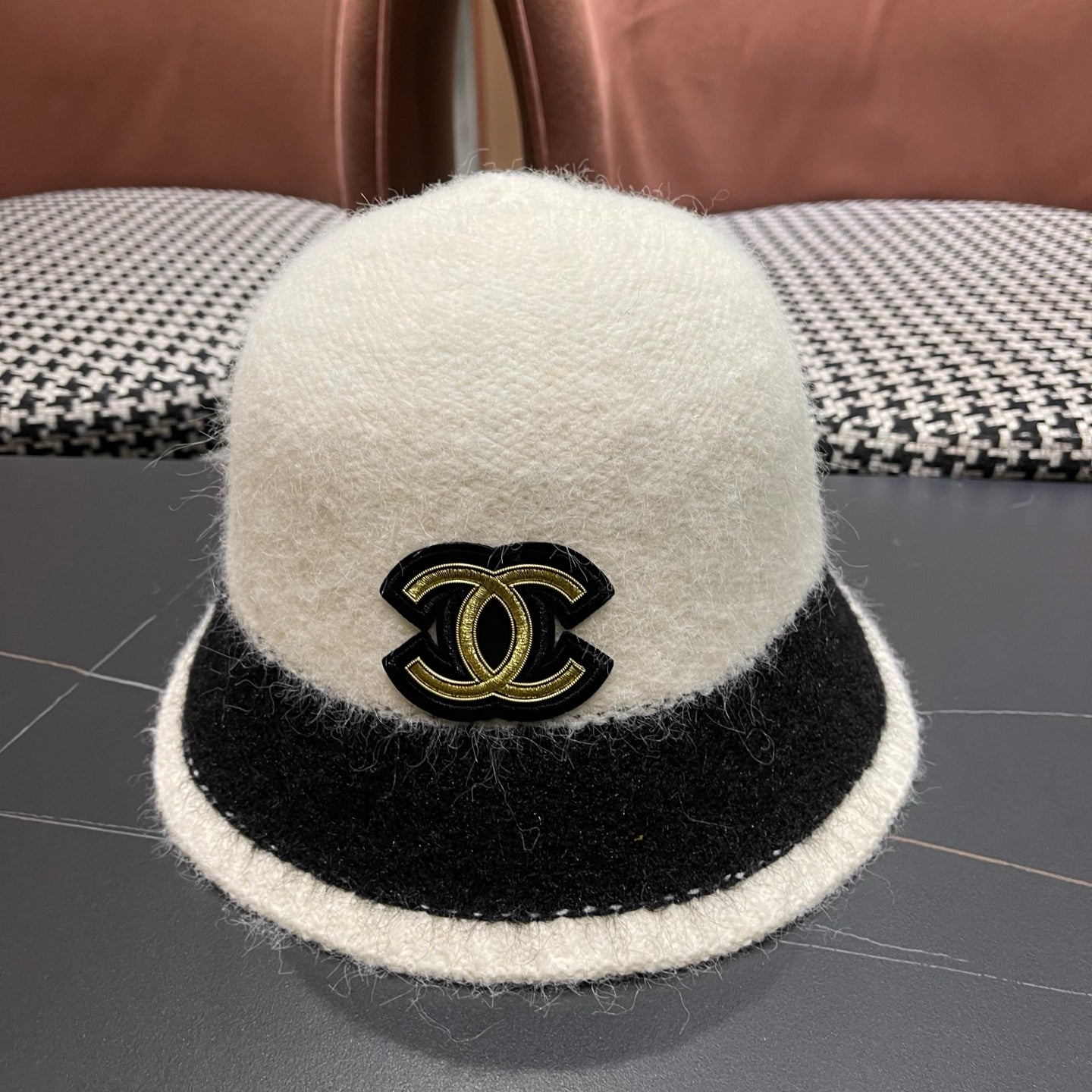 Chanel Women's Plush Bucket White mix Black Hat 980039