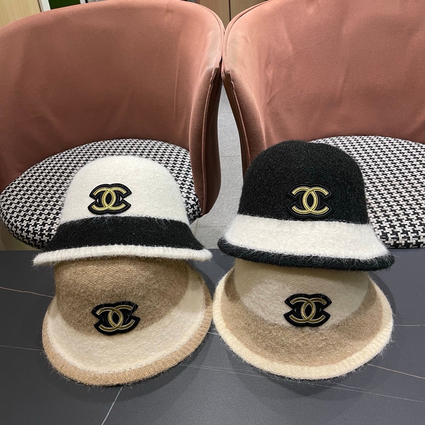 Chanel Women's Plush Bucket White mix Black Hat 980039