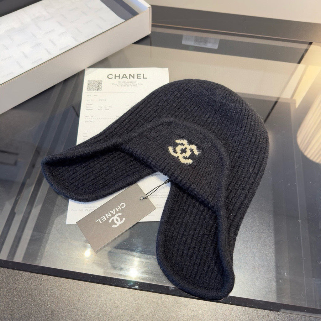 Chanel Knitted Beanie Earflap Cap Black Fibrous 980283