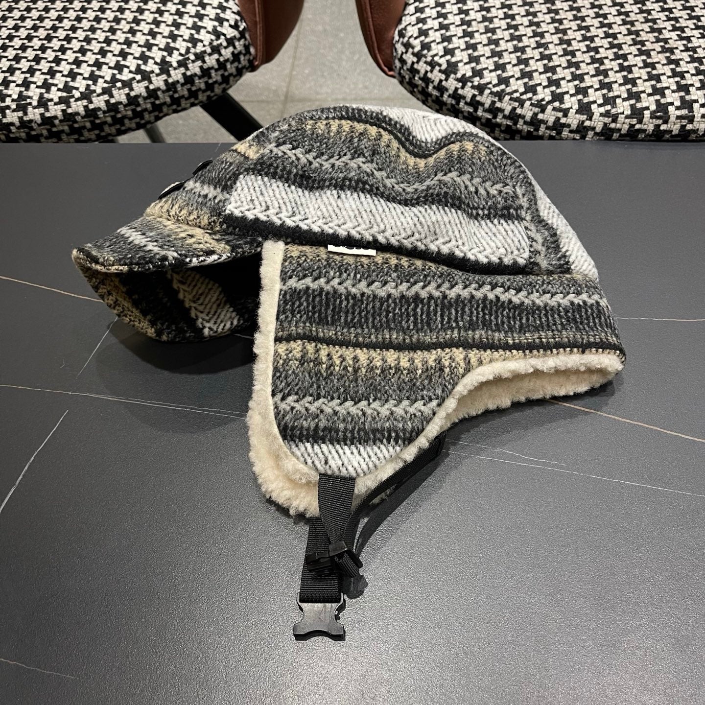 Chanel Winter Earflap Black Beige Fleece Hat 980017