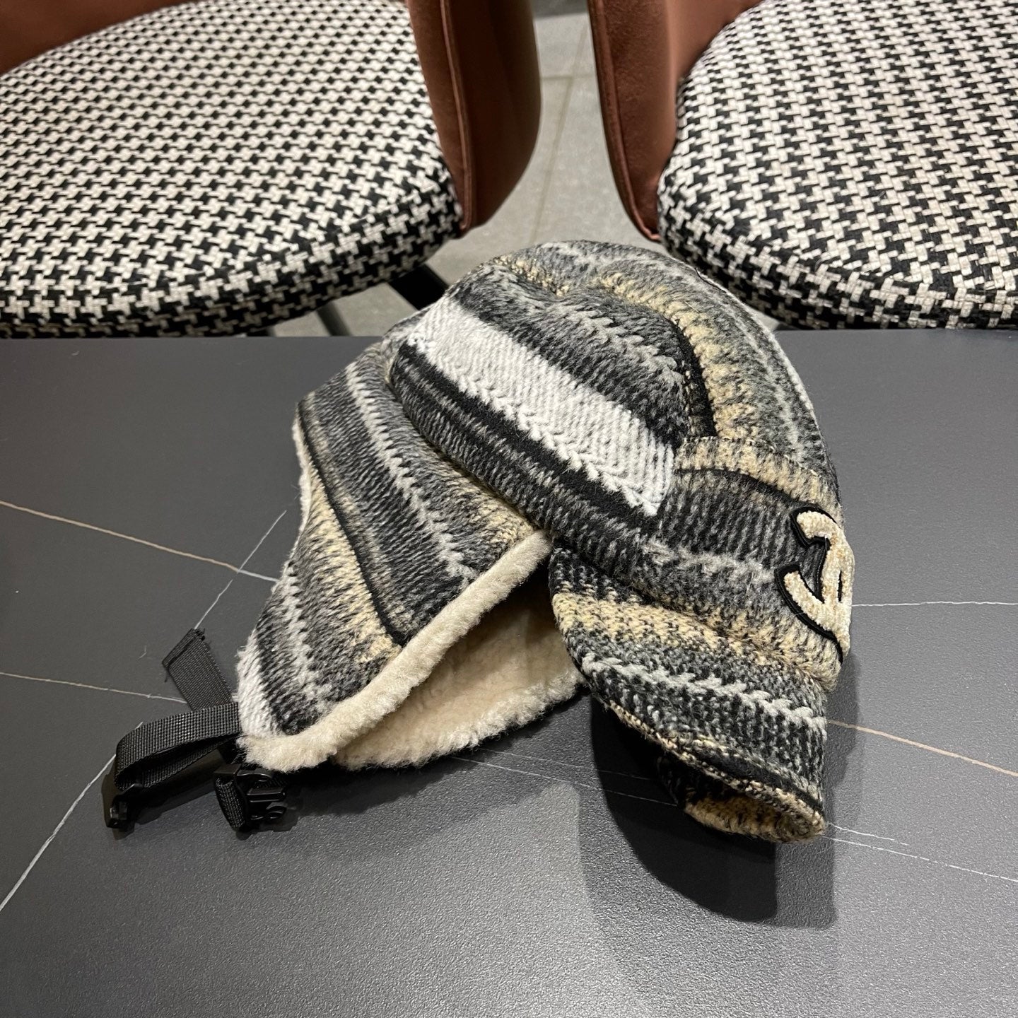 Chanel Winter Earflap Black Beige Fleece Hat 980017