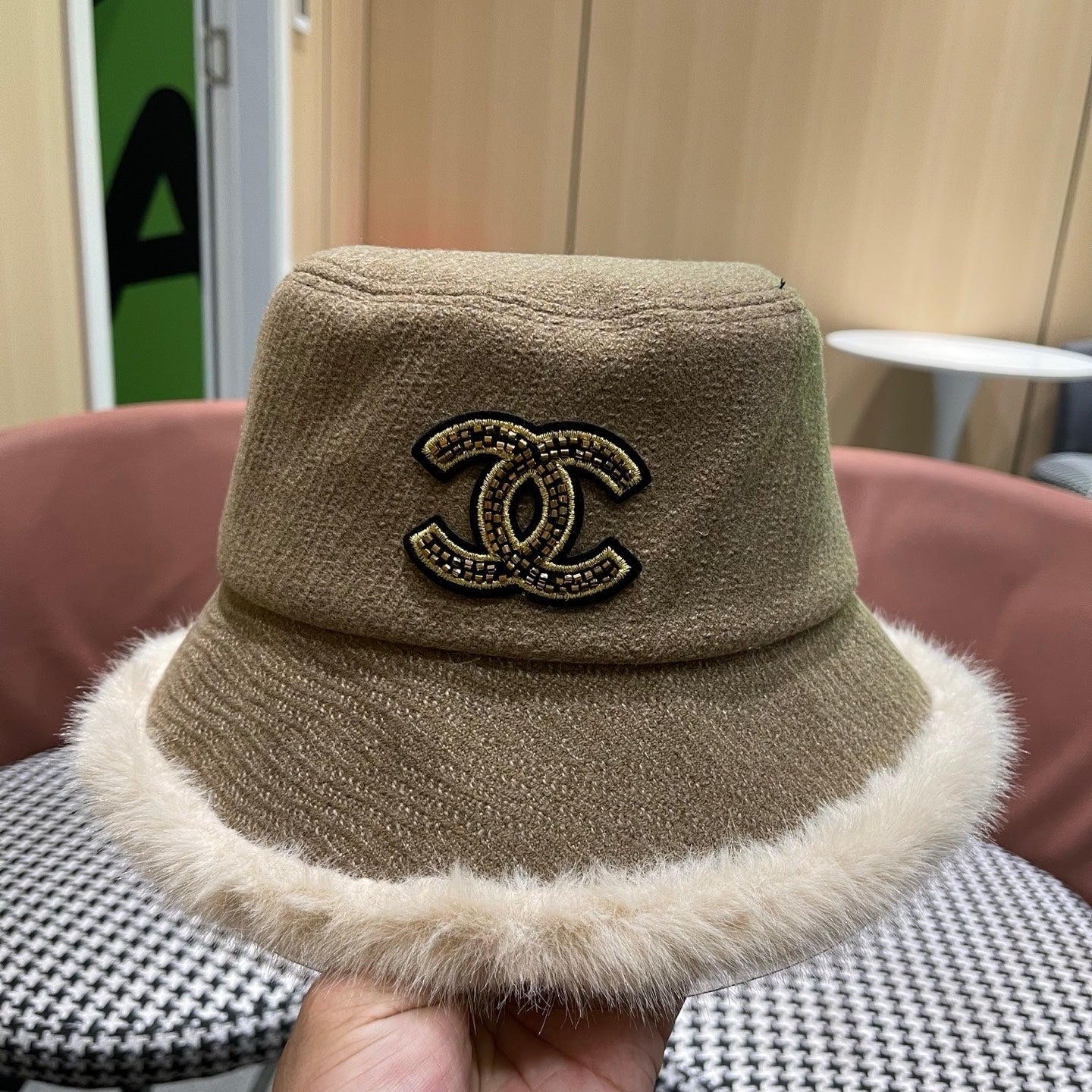 Chanel Korean Style Bucket Hat Khaki Plush Fleece 979919