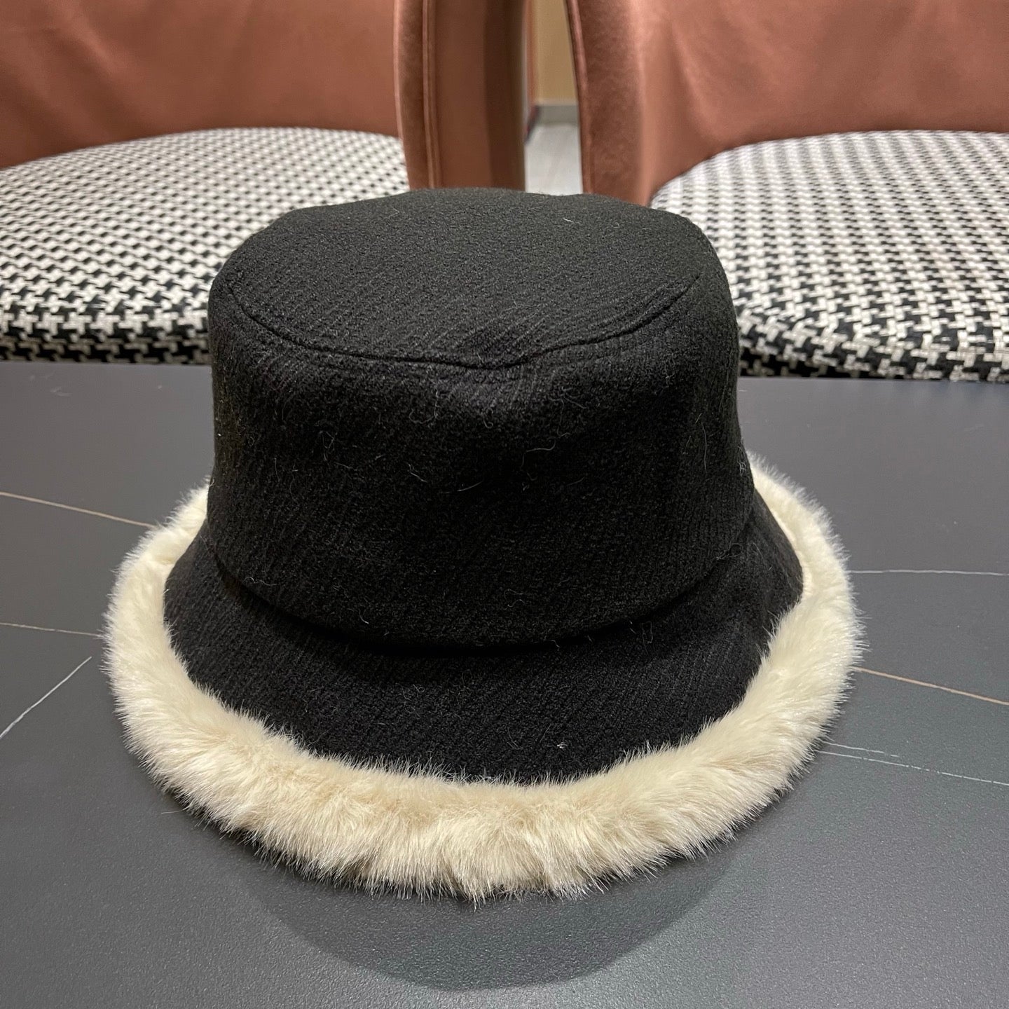 Chanel Korean Style Bucket Hat Black Plush Fleece 979918