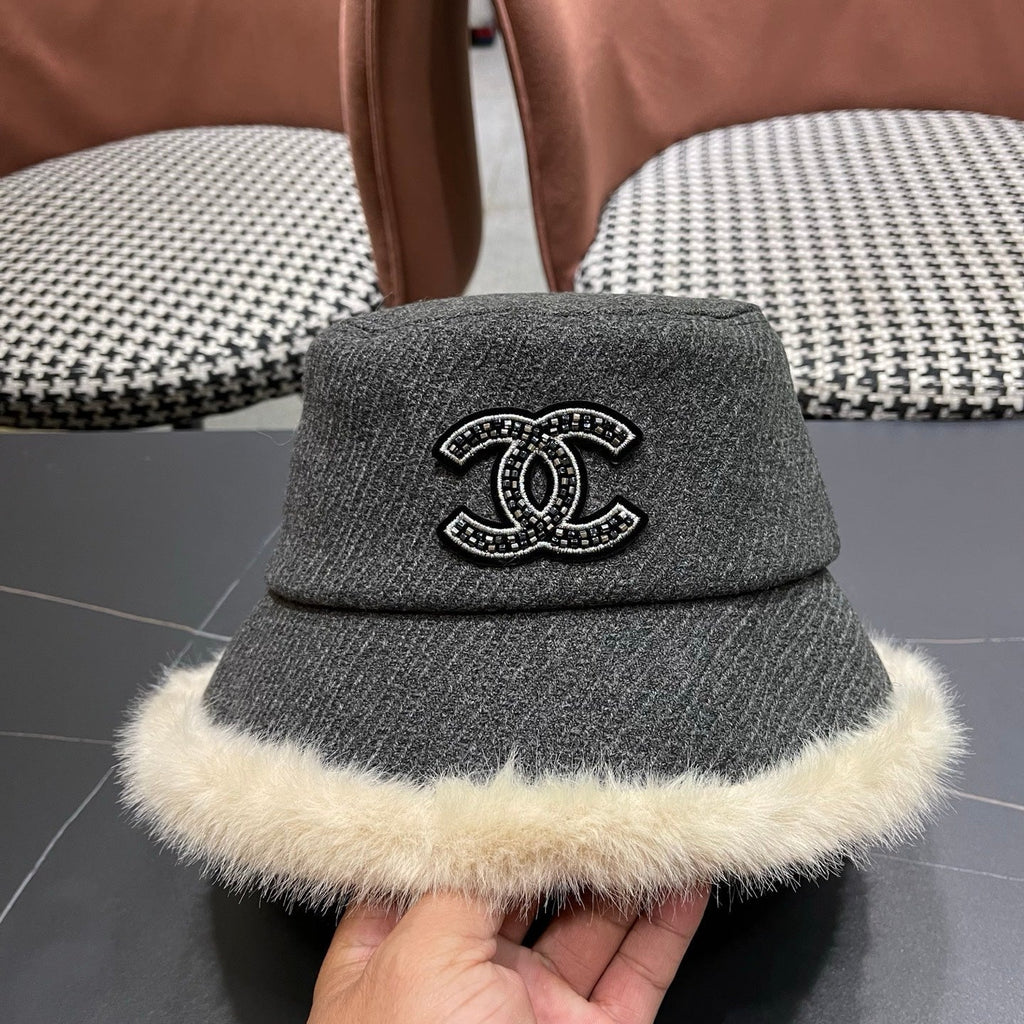 Chanel Korean Style Bucket Hat Gray Plush Fleece 979917