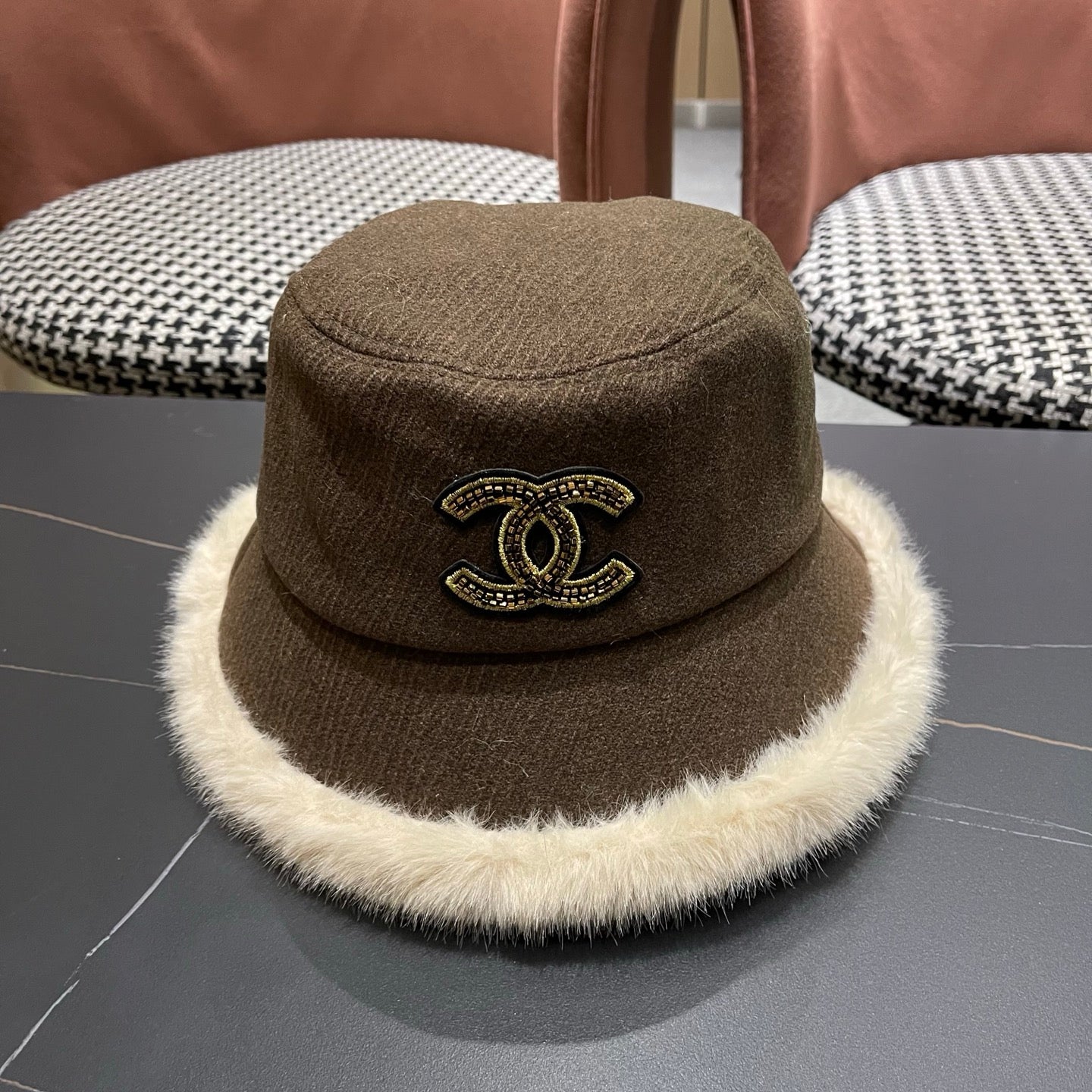 Chanel Korean Style Bucket Hat Brown Plush Fleece 979916