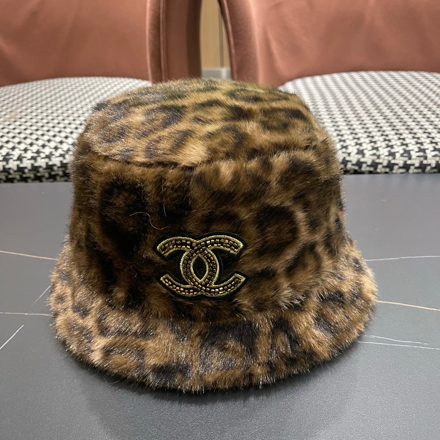 Chanel Korean Style Leopard Print Brown Plush Hat 979912