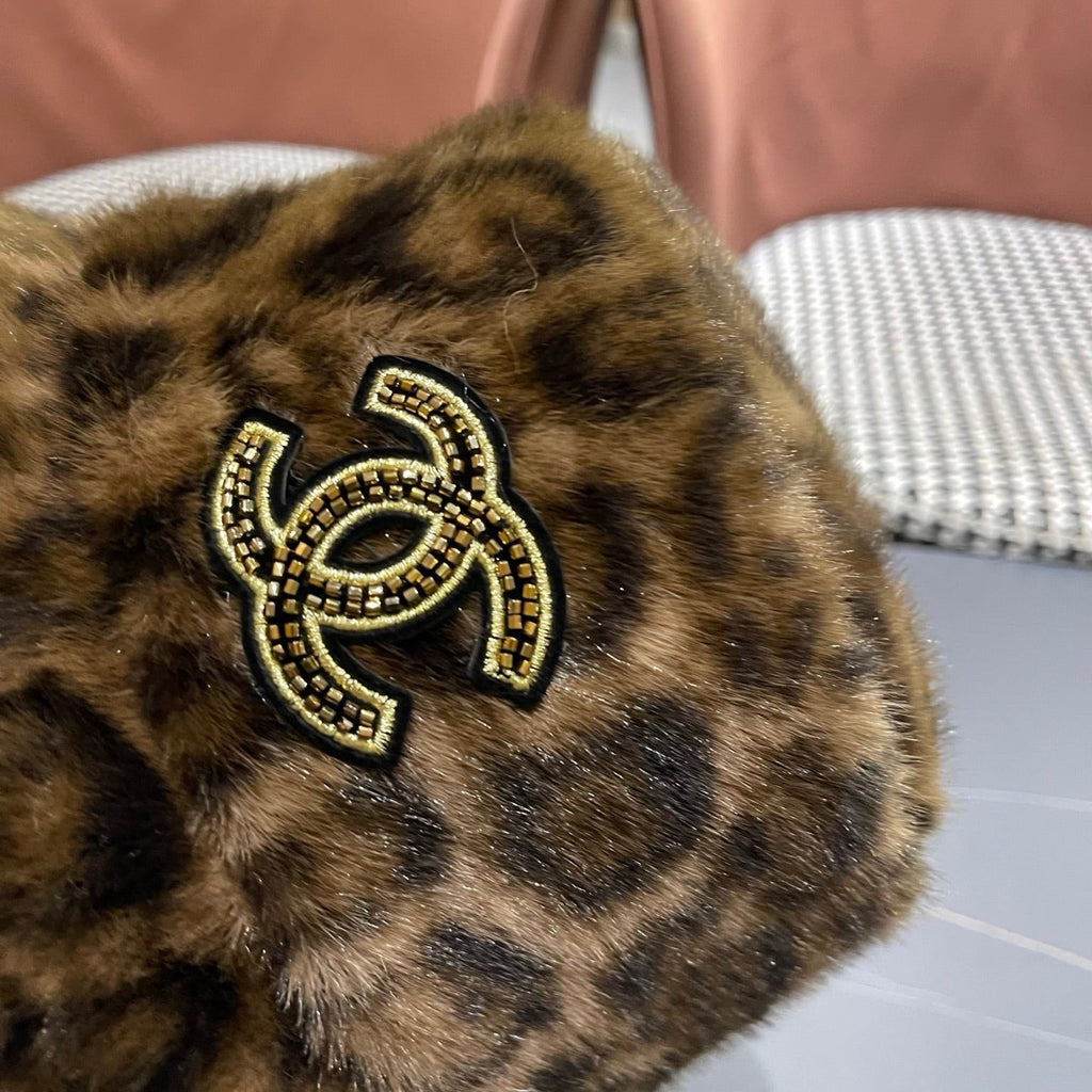 Chanel Korean Style Leopard Print Brown Plush Hat 979912