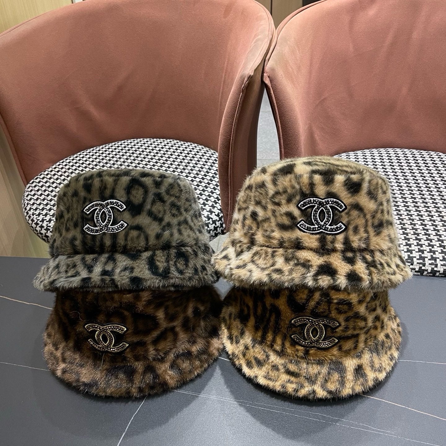 Chanel Korean Style Leopard Print Brown Plush Hat 979912