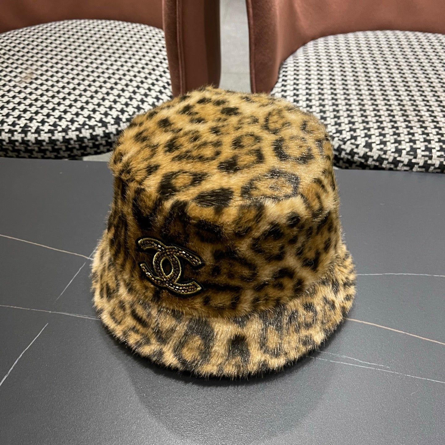 Chanel Korean Style Leopard Print Dark Brown Plush Hat 979909