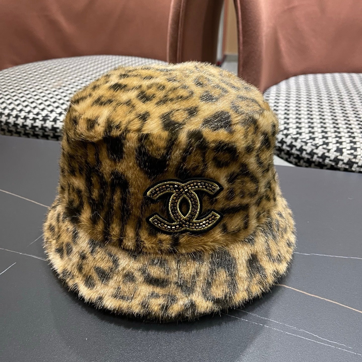 Chanel Korean Style Leopard Print Dark Brown Plush Hat 979909