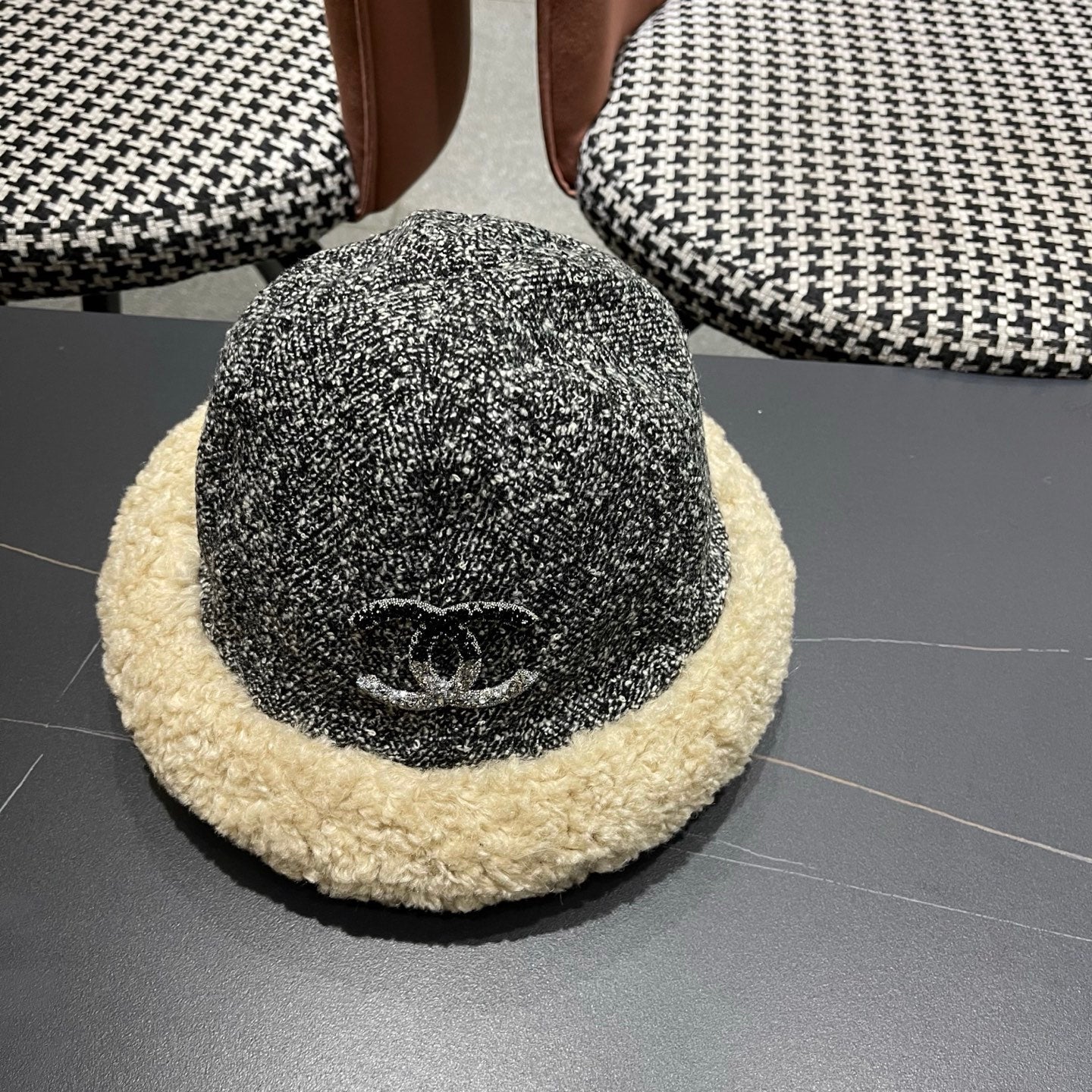 Chanel Womens Gray Plush Bucket Hat 979884