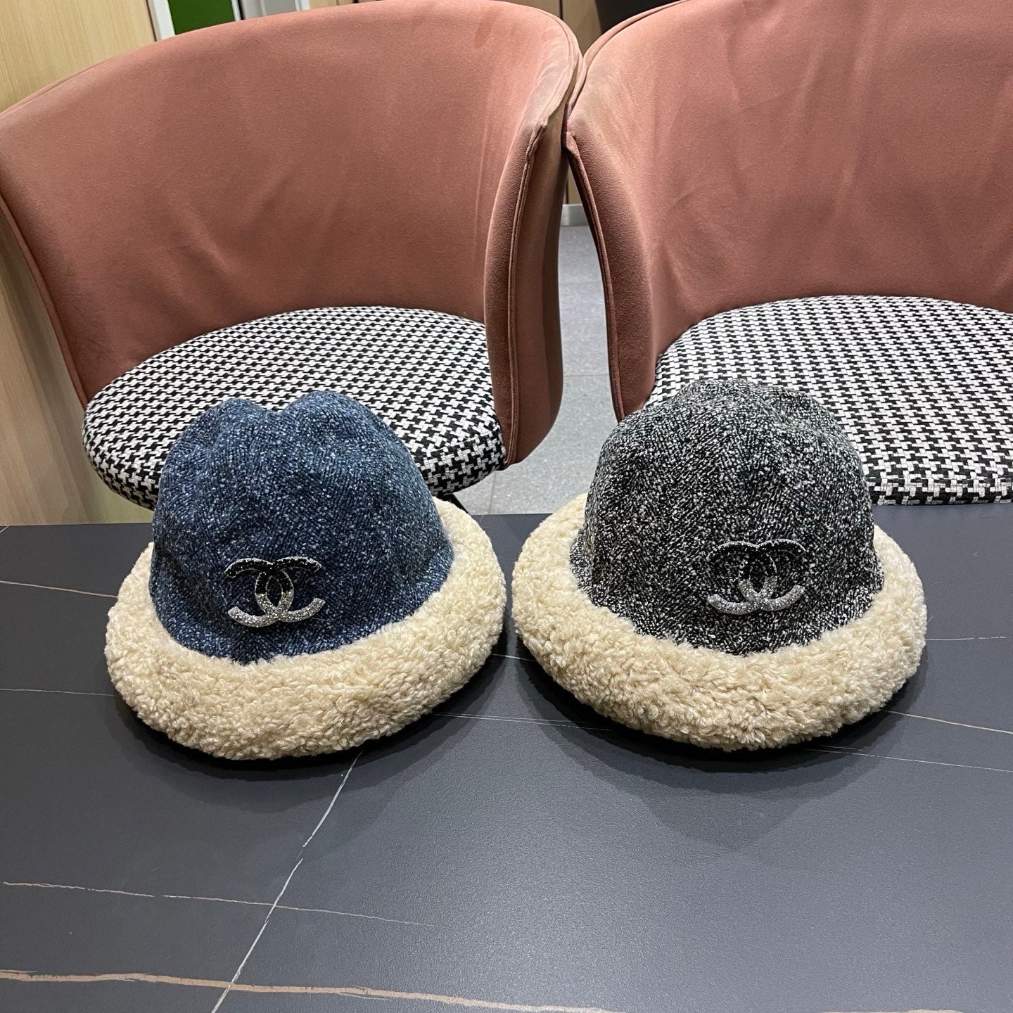 Chanel Womens Gray Plush Bucket Hat 979884