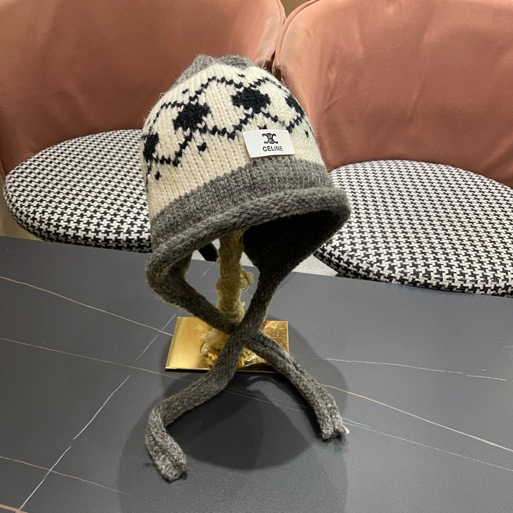 Celine 25 Fair Isle Gray Knitted Tie-Wrap Wool Hat 980013