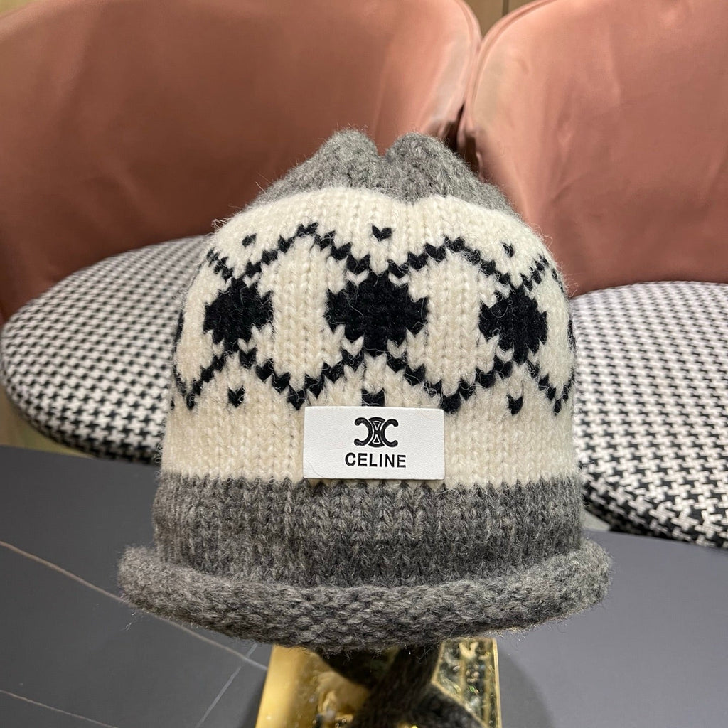 Celine 25 Fair Isle Gray Knitted Tie-Wrap Wool Hat 980013