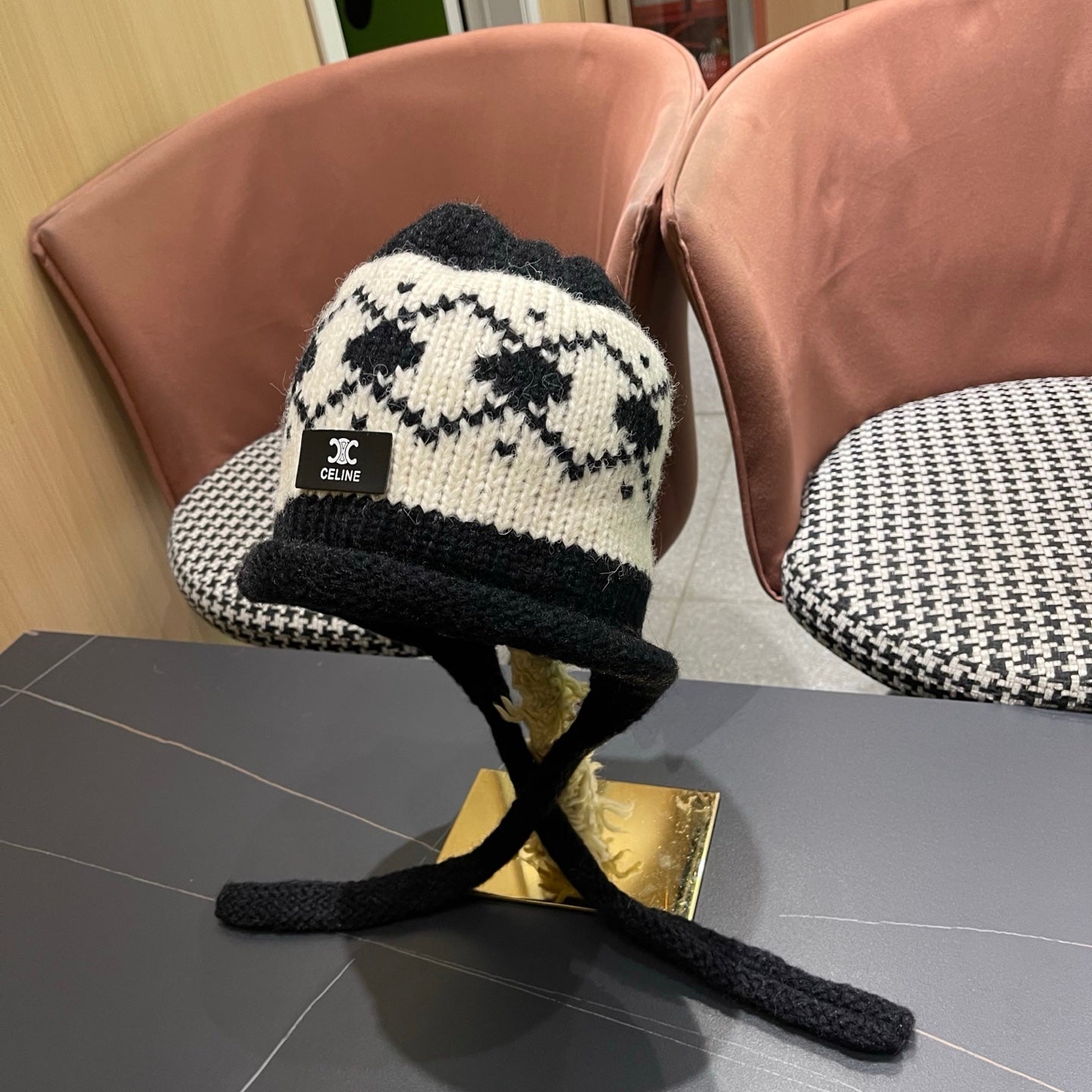 Celine 25 Fair Isle Black Knitted Tie-Wrap Wool Hat 980014