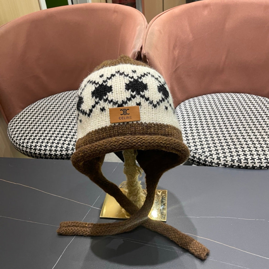 Celine 25 Fair Isle Brown Knitted Tie-Wrap Wool Hat 980015