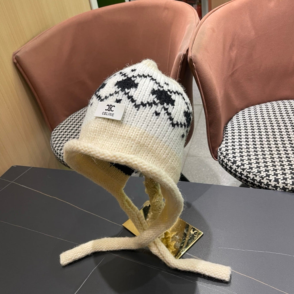 Celine 25 Fair Isle Cream Knitted Tie-Wrap Wool Hat 980016