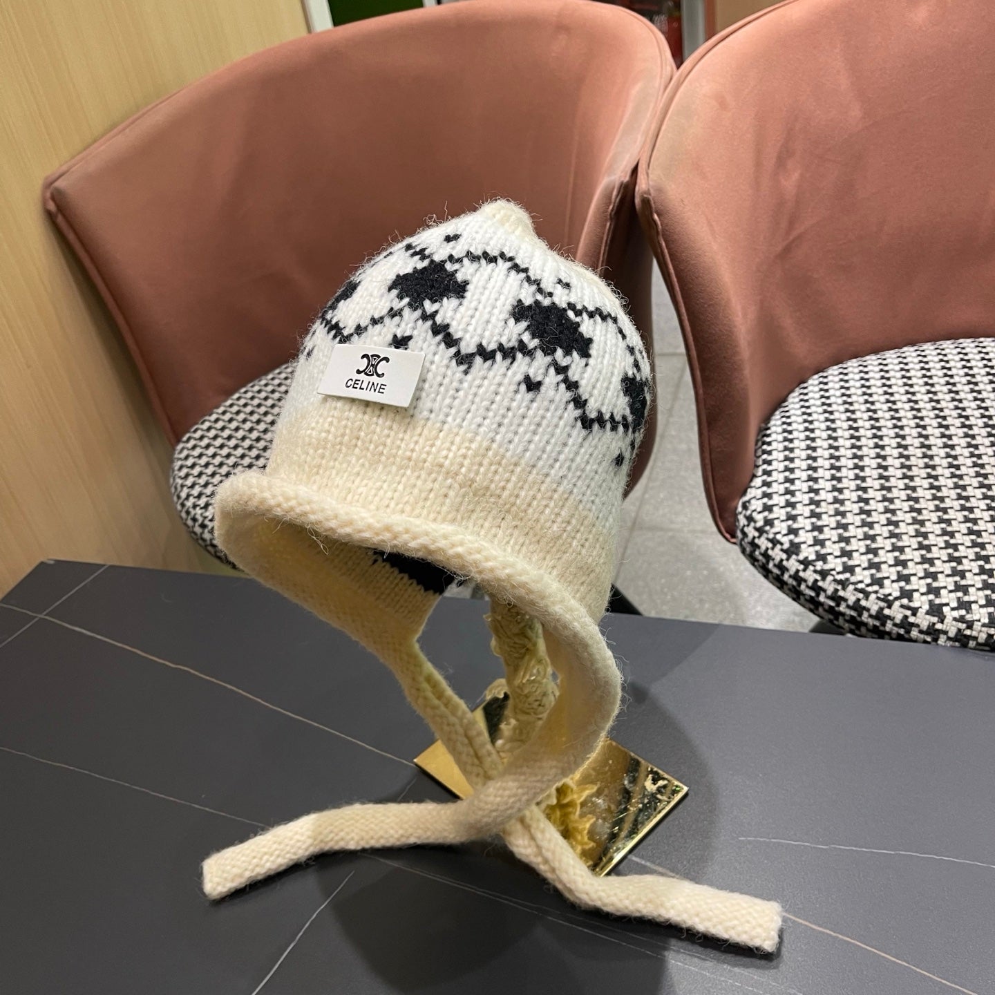 Celine 25 Fair Isle Cream Knitted Tie-Wrap Wool Hat 980016