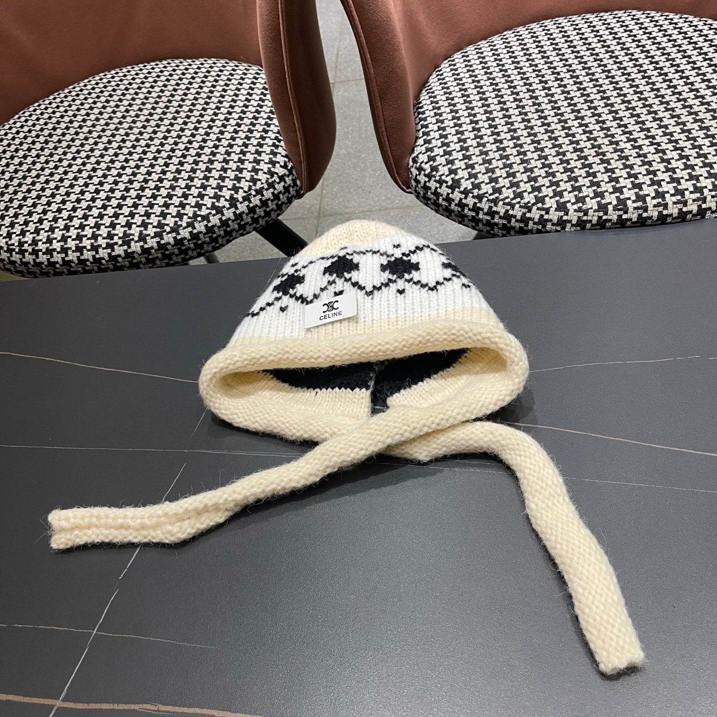 Celine 25 Fair Isle Cream Knitted Tie-Wrap Wool Hat 980016