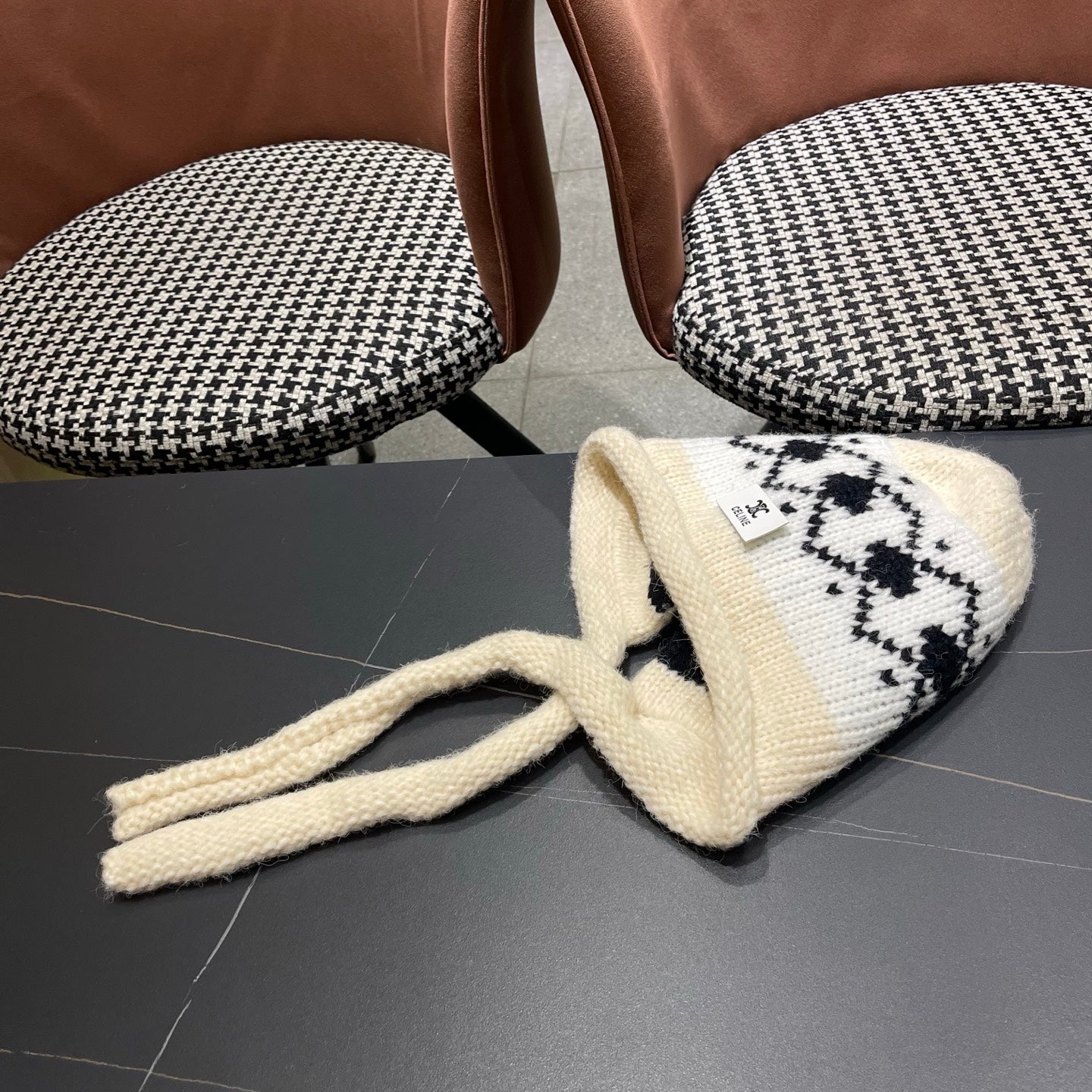 Celine 25 Fair Isle Cream Knitted Tie-Wrap Wool Hat 980016