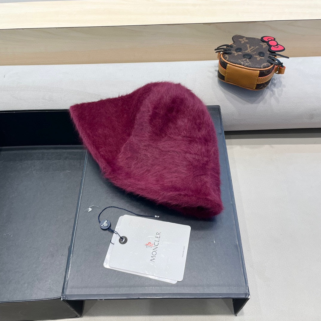 Moncler Cute Bunny Fur Heart Pearl Fisherman's Hat in Burgundy 980324