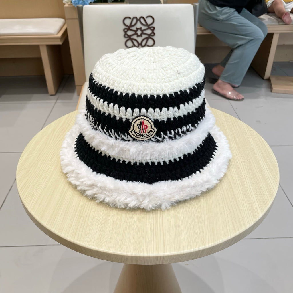 Moncler New Patchwork White Black Plush  Bucket Hat 980317