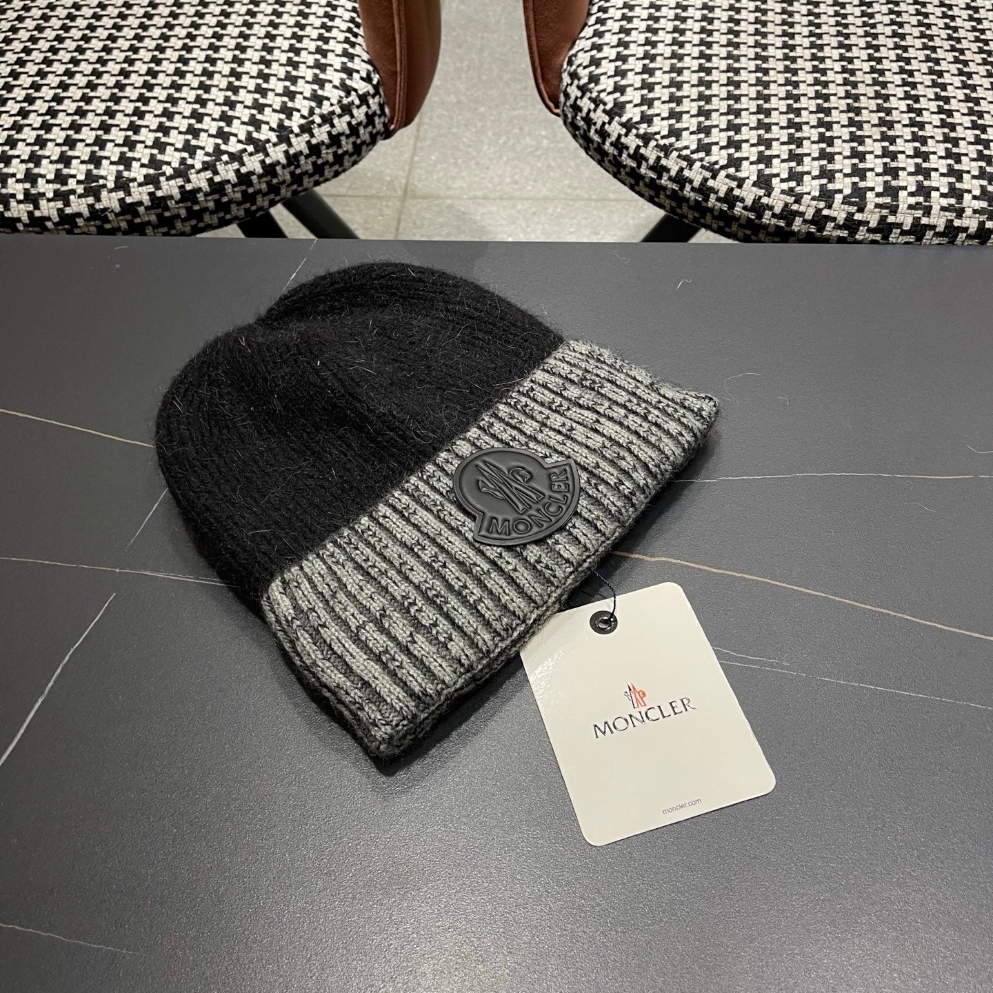 Moncler Korean Style Fleece-Lined Black White Knitted Beanie 980072