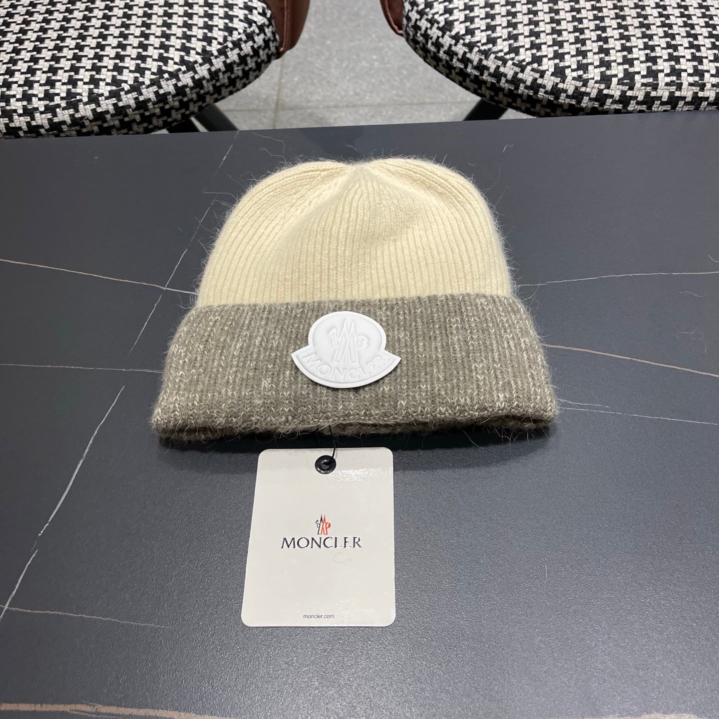 Moncler Korean Style Fleece-Lined Beige mix Grey Knitted Beanie 980073