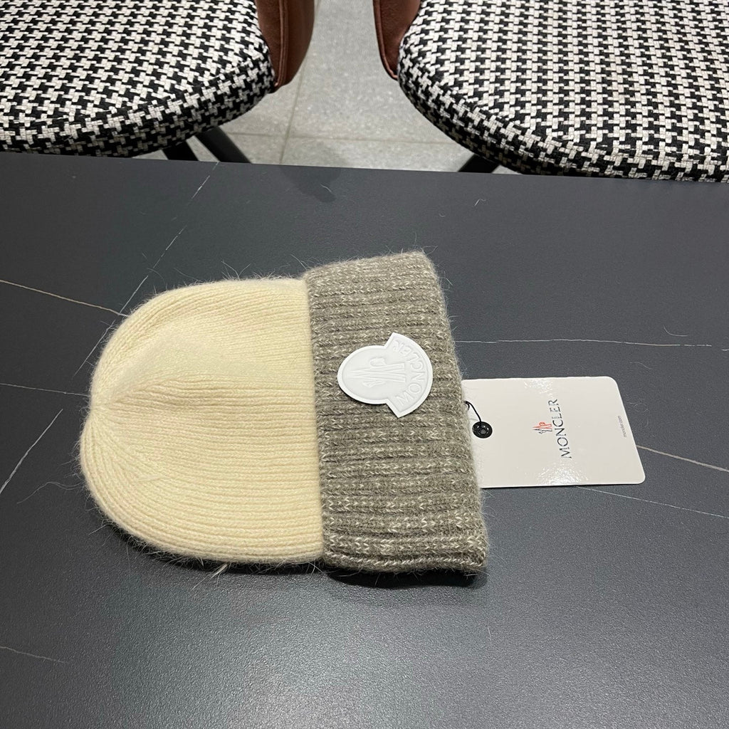 Moncler Korean Style Fleece-Lined Beige mix Grey Knitted Beanie 980073