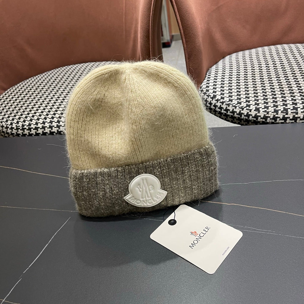 Moncler Korean Style Fleece-Lined Beige mix Grey Knitted Beanie 980073