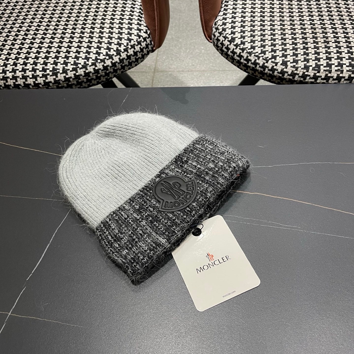Moncler Korean Style Fleece-Lined Melange Grey Knitted Beanie 980074