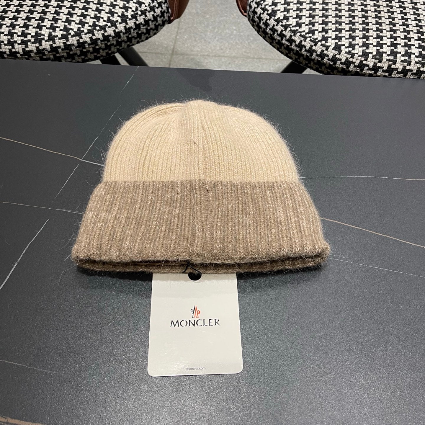 Moncler Korean Style Fleece-Lined Taupe Knitted Beanie 980075