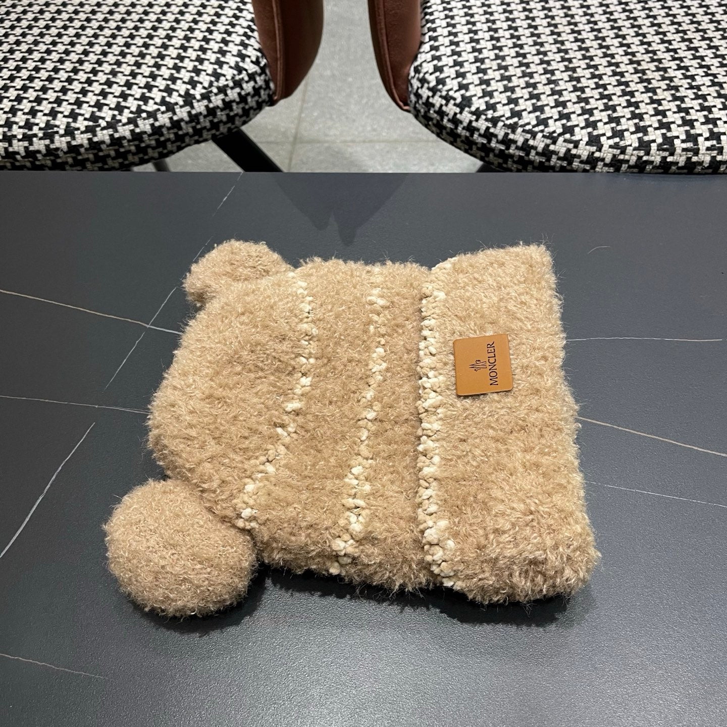 Moncler Cute Bear Fleece-Lined Warm Knitted Brown Hat 980002