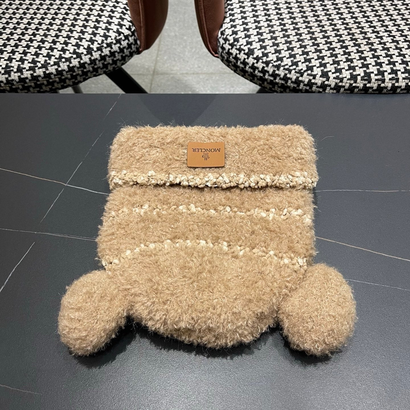 Moncler Cute Bear Fleece-Lined Warm Knitted Brown Hat 980002
