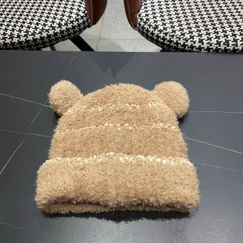 Moncler Cute Bear Fleece-Lined Warm Knitted Brown Hat 980002