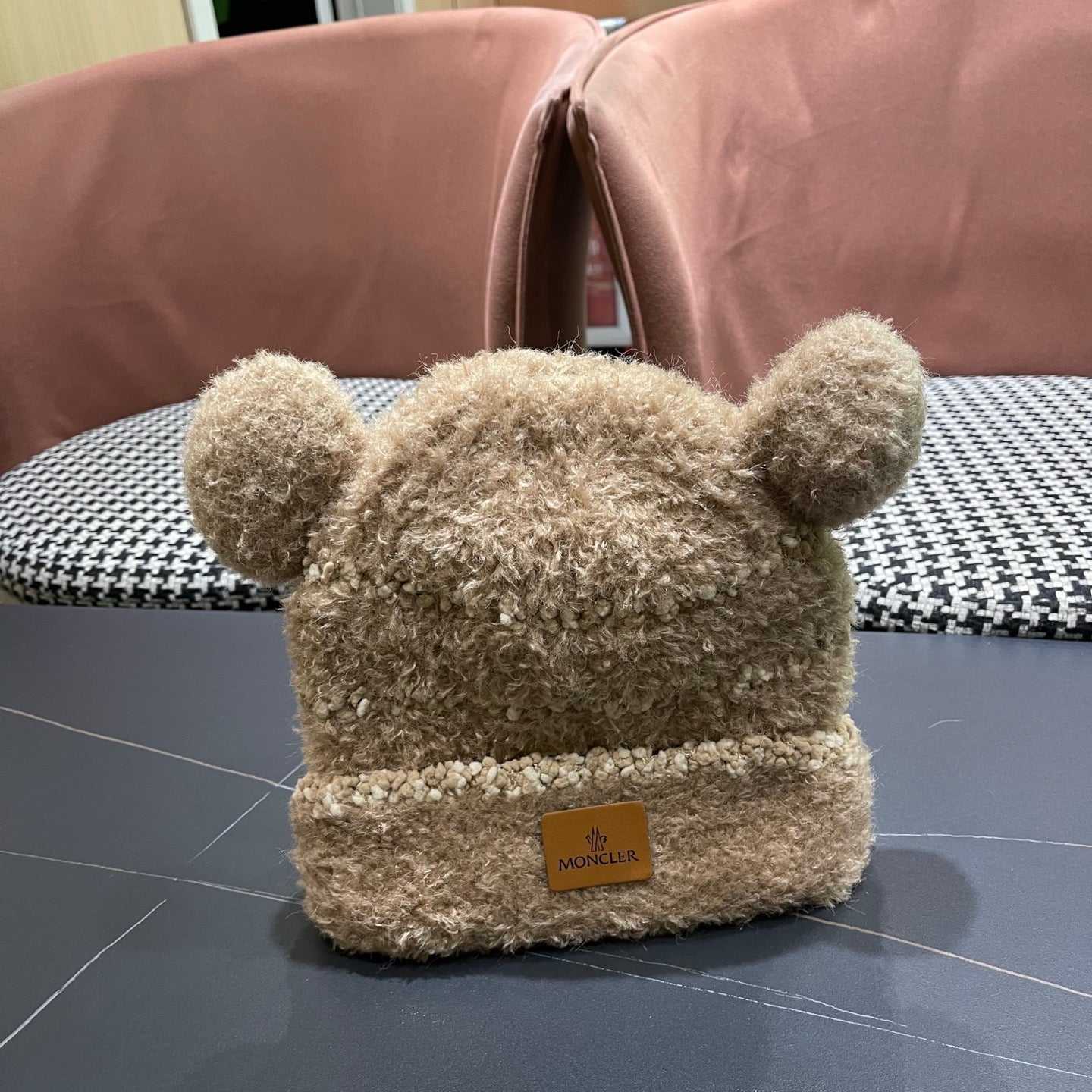 Moncler Cute Bear Fleece-Lined Warm Knitted Brown Hat 980002