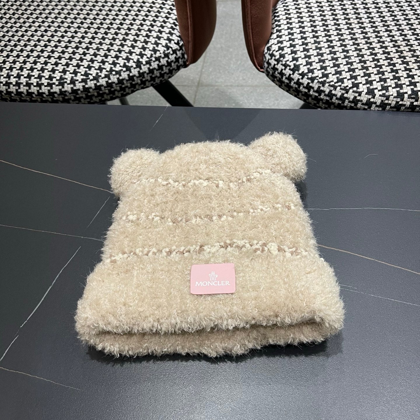 Moncler Cute Bear Fleece-Lined Warm Knitted Beige Hat 980001