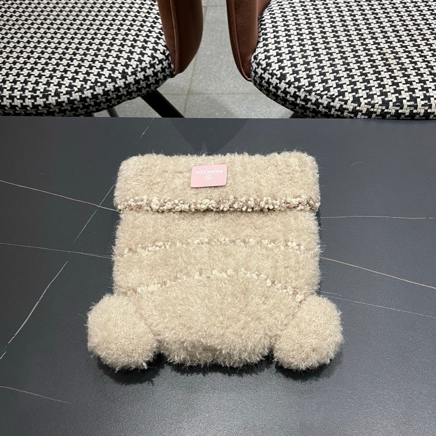 Moncler Cute Bear Fleece-Lined Warm Knitted Beige Hat 980001